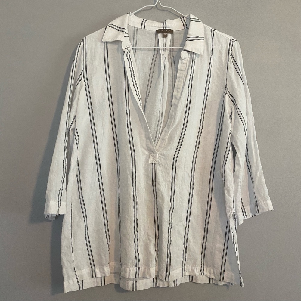 Lilla P 100% Linen White Black Stripe Collared Blouse - Small